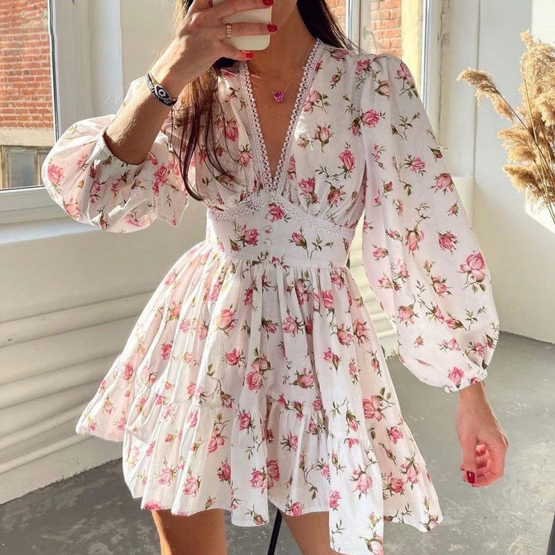 The Rosalie Floral V-Neck Mini Dress | Romantic Puff Sleeve Collection