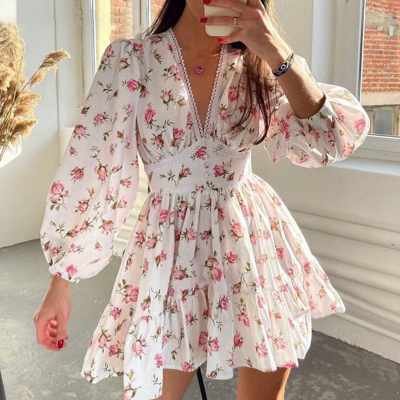 The Rosalie Floral V-Neck Mini Dress | Romantic Puff Sleeve Collection