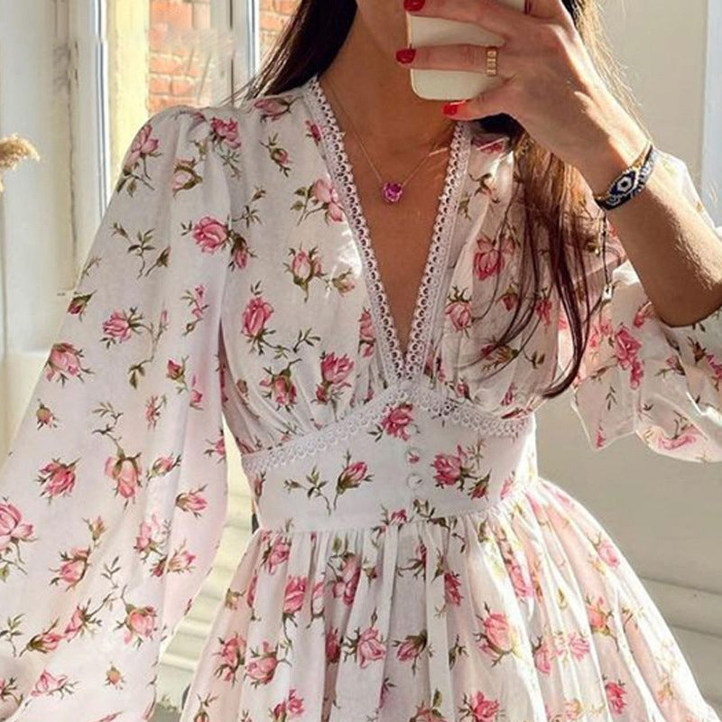 The Rosalie Floral V-Neck Mini Dress | Romantic Puff Sleeve Collection