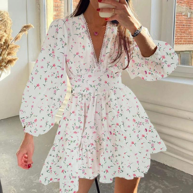 The Rosalie Floral V-Neck Mini Dress | Romantic Puff Sleeve Collection